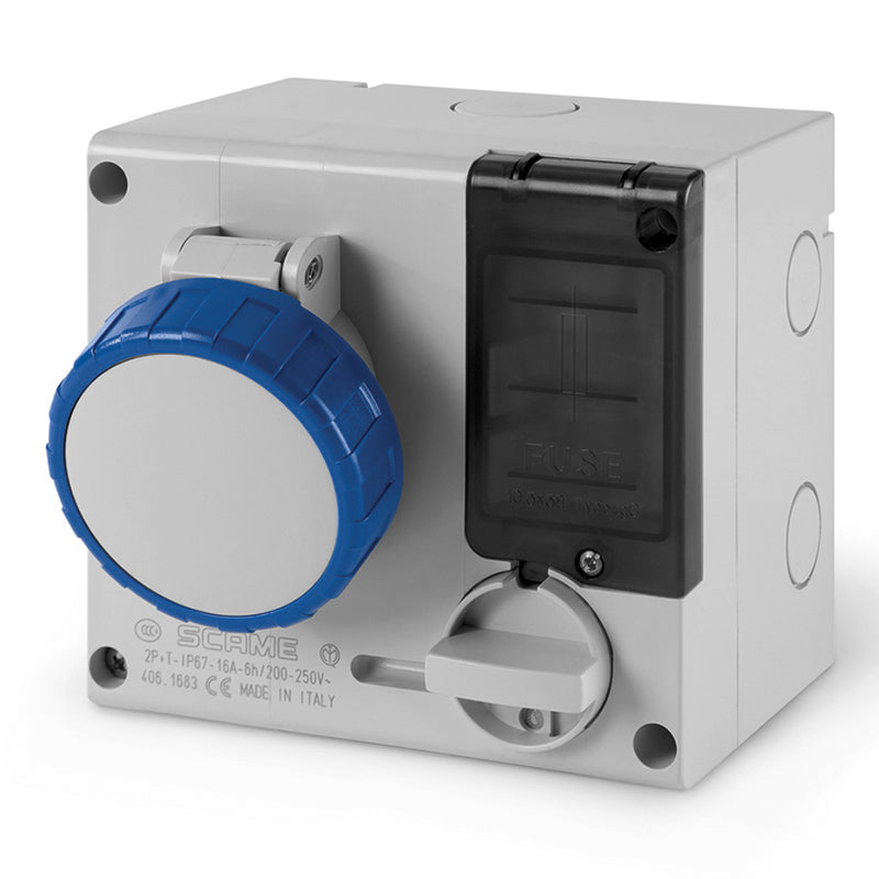 506.M1683 SCAME OMNIA Interlocked Socket 16A 2P+E 6h 200-250V with Fuse Holder