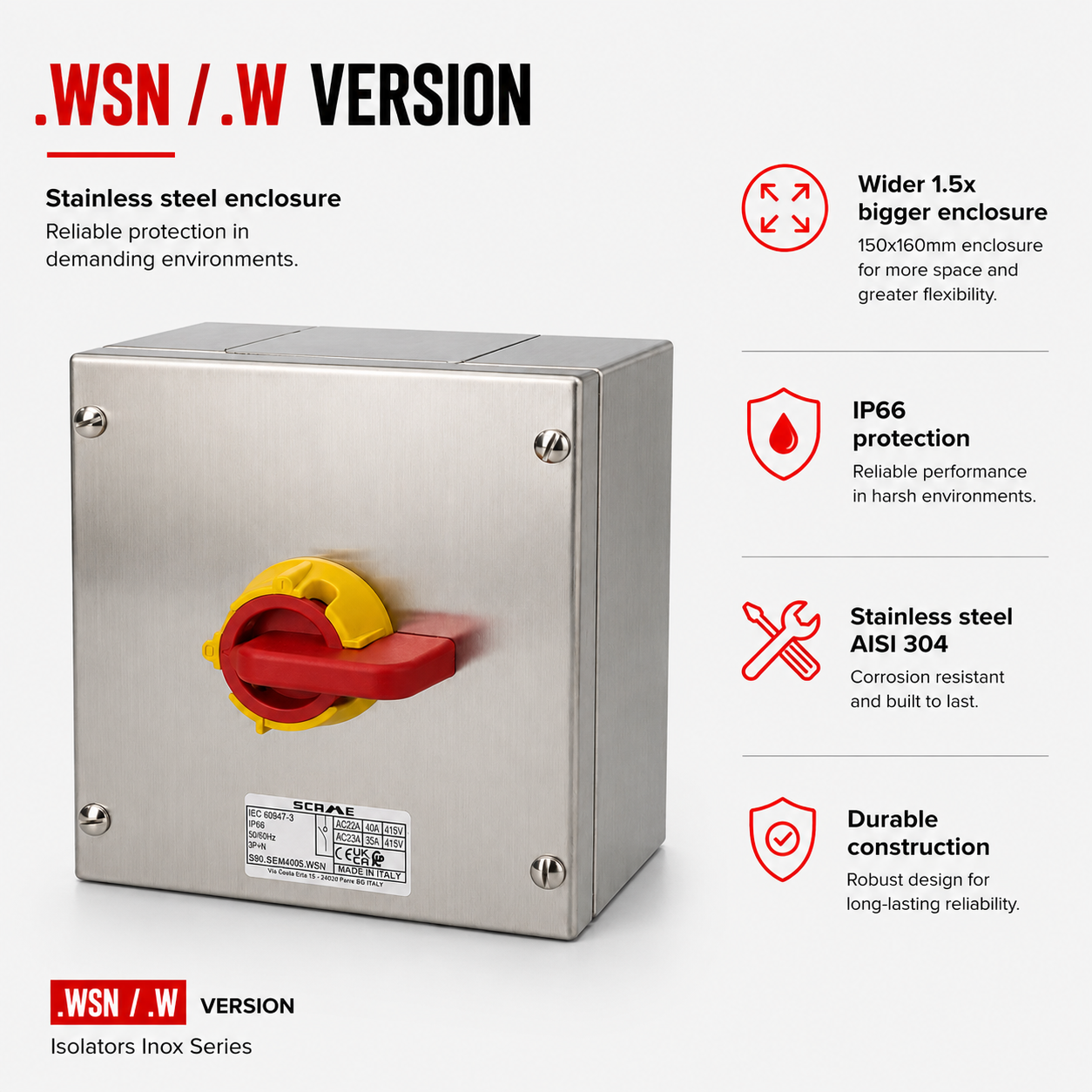 SCAME Switch Disconnector 40A 3P+SN IP65 (Emergency - Yellow/Red, High Wiring Capacity)