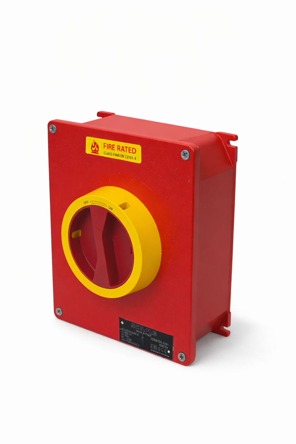 SCAME Switch Disconnector 20A 3P+N IP65 F400 Fire Rated (Emergency - Yellow/Red)