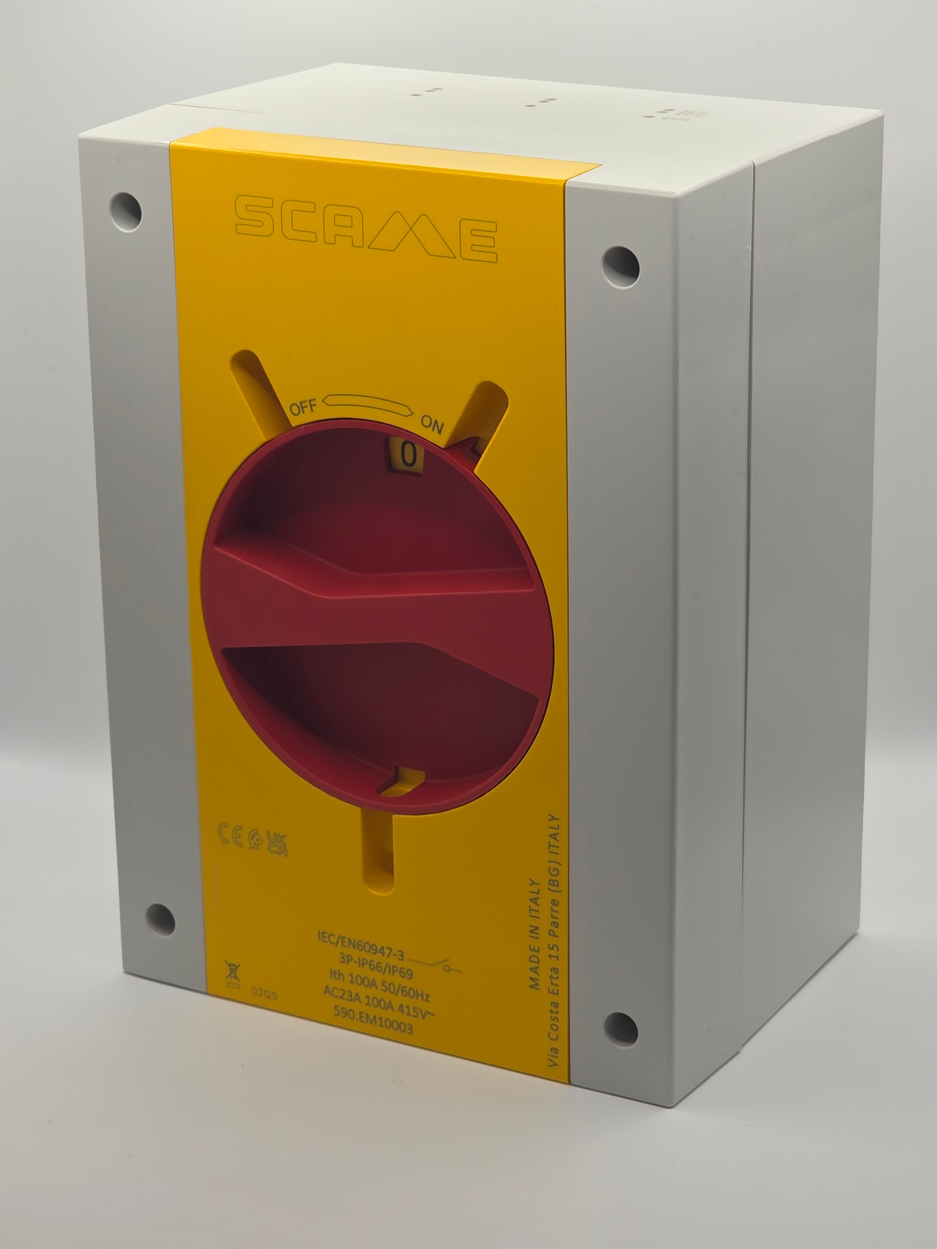 SCAME Switch Disconnector 100A 3P IP66/IP69 (Emergency - Yellow/Red, High Wiring Capacity)
