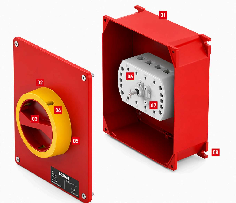 Open fire rated aluminium enclosure showing construction details numbered 01 to 08