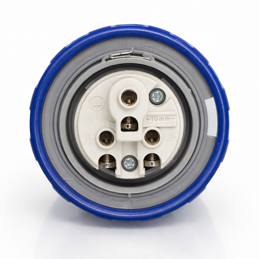 Electrical plug with blue casing on a white background