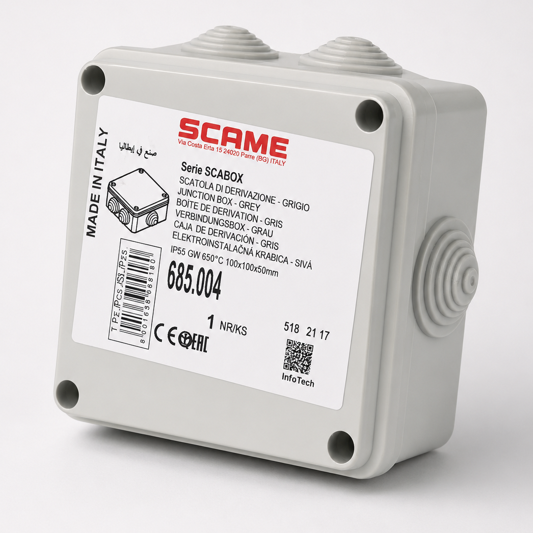 685.004 SCAME SCABOX Junction Box  Halogen Free Grey Engineering Plastic With Cable Sleeves