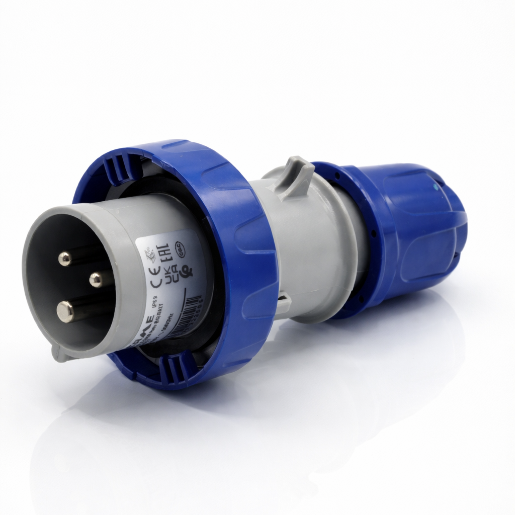 Blue electrical scame plug on a white background