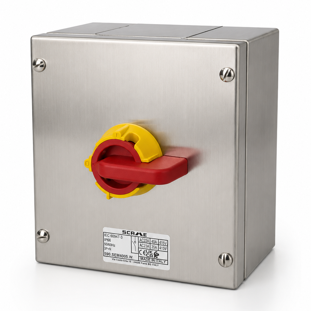 SCAME Switch Disconnector 40A 3P+SN IP65 (Emergency - Yellow/Red, High Wiring Capacity)