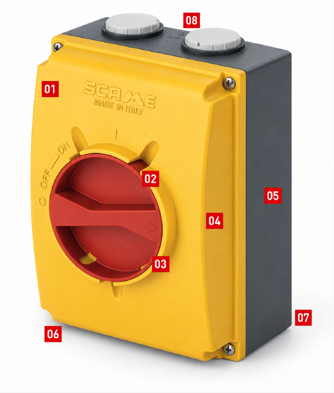 AL EVO aluminium isolator with construction details numbered 01 to 08