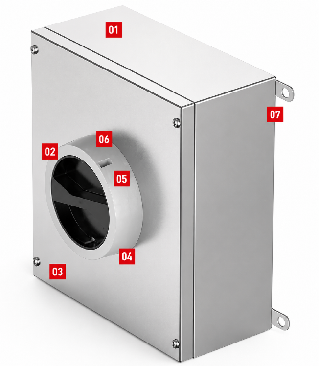 INOX stainless steel isolator with construction details numbered 01 to 07